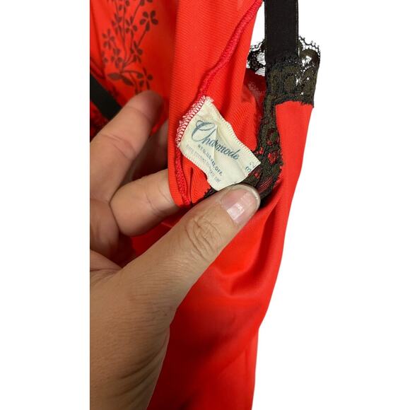 50s 60s Vintage Charmode Deep Orange Black Flocked Floral Lace Slip Dress 32 - Picture 4 of 5